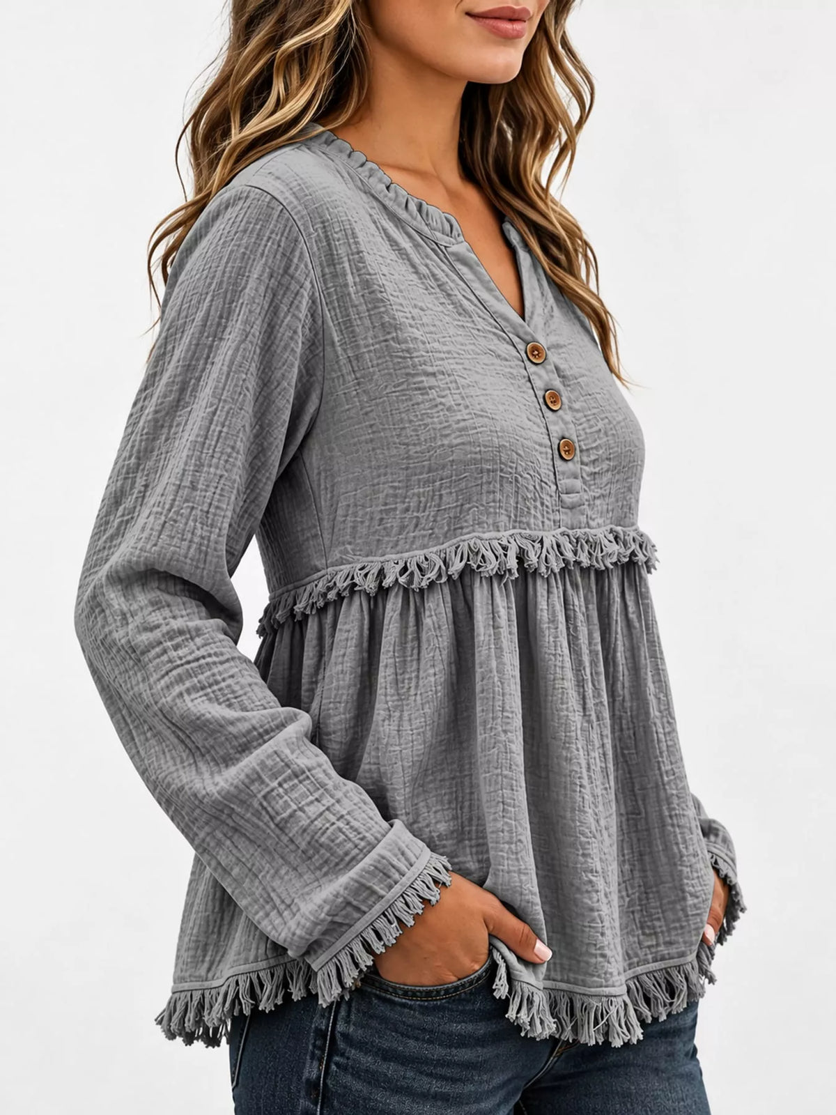 Frayed-hem blouse, gray side