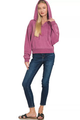 Trendsi Zenana Fleece Pigment Dye Half Zip Kangaroo Pocket Hoodie -