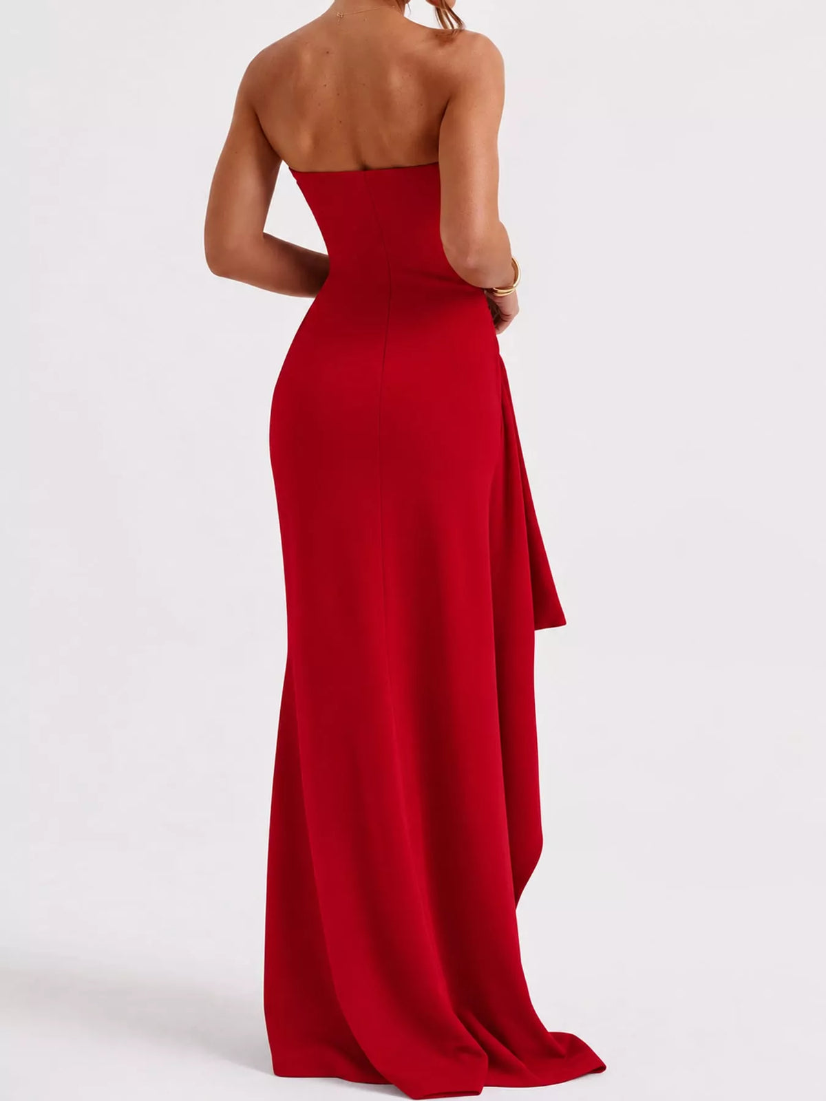 Red strapless high slit bodycon maxi evening dress, back view