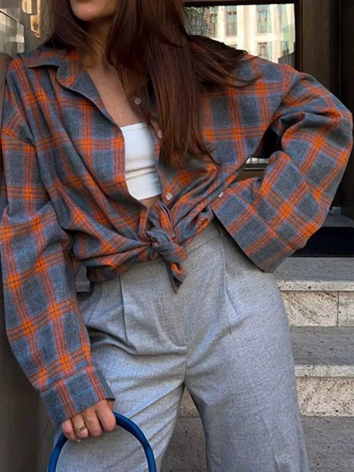 Orange plaid button up shirt