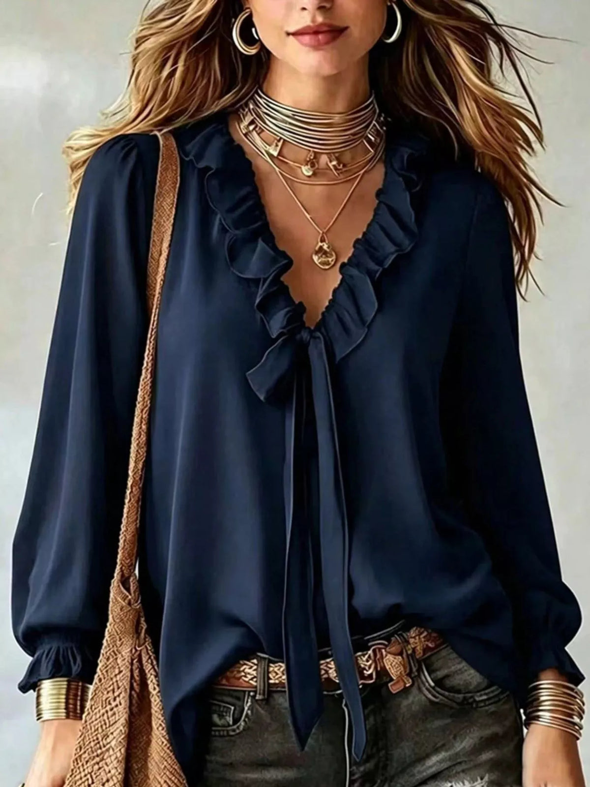 Dark Blue ruffled v-neck blouse with tie-front detail