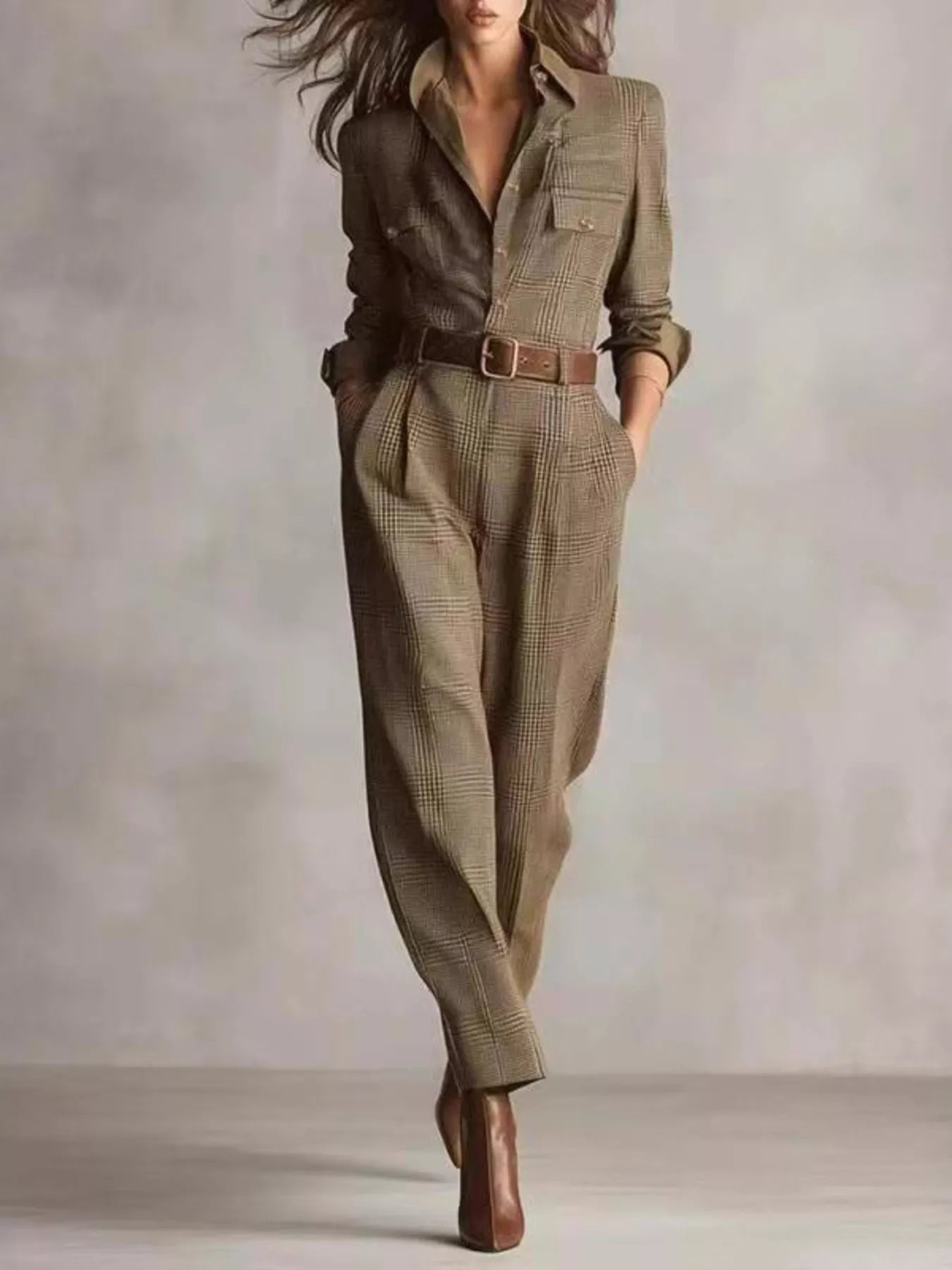 Trendsi Plaid Long Sleeve Button Front Jumpsuit -