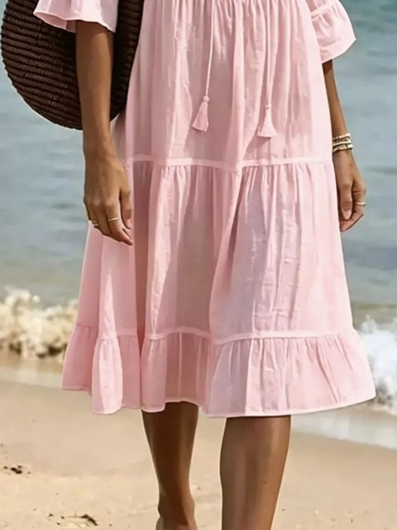 Trendsi Full Size Tiered Tie Neck Flounce Sleeve Dress Plus Size -