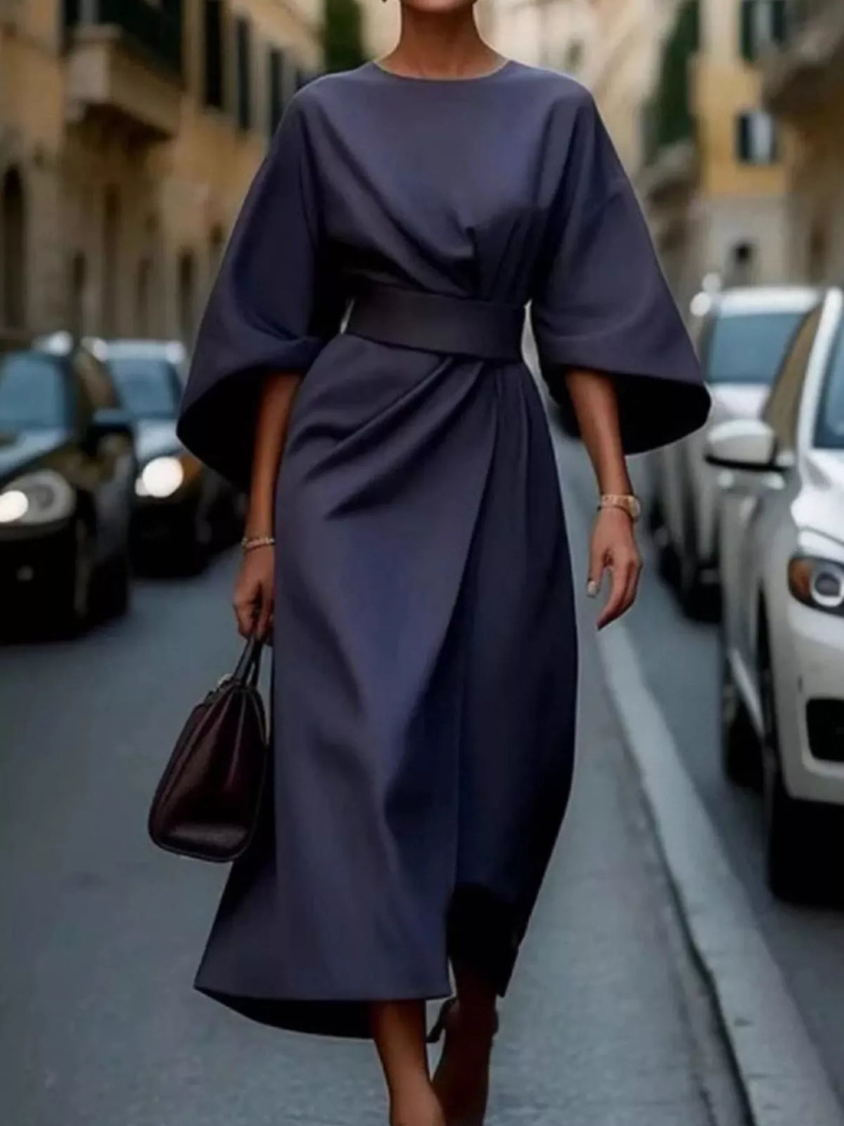 Navy round neck kimono sleeve midi dress