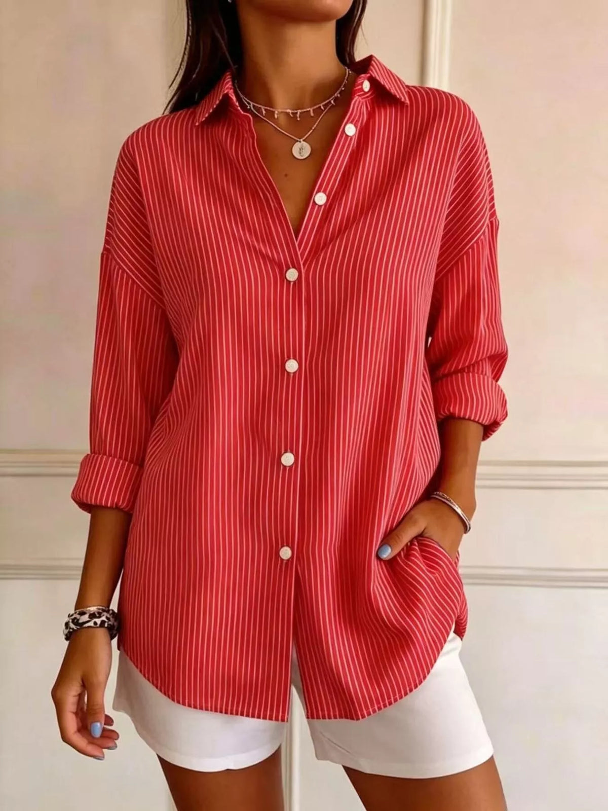 Red striped long sleeve shirt, front view