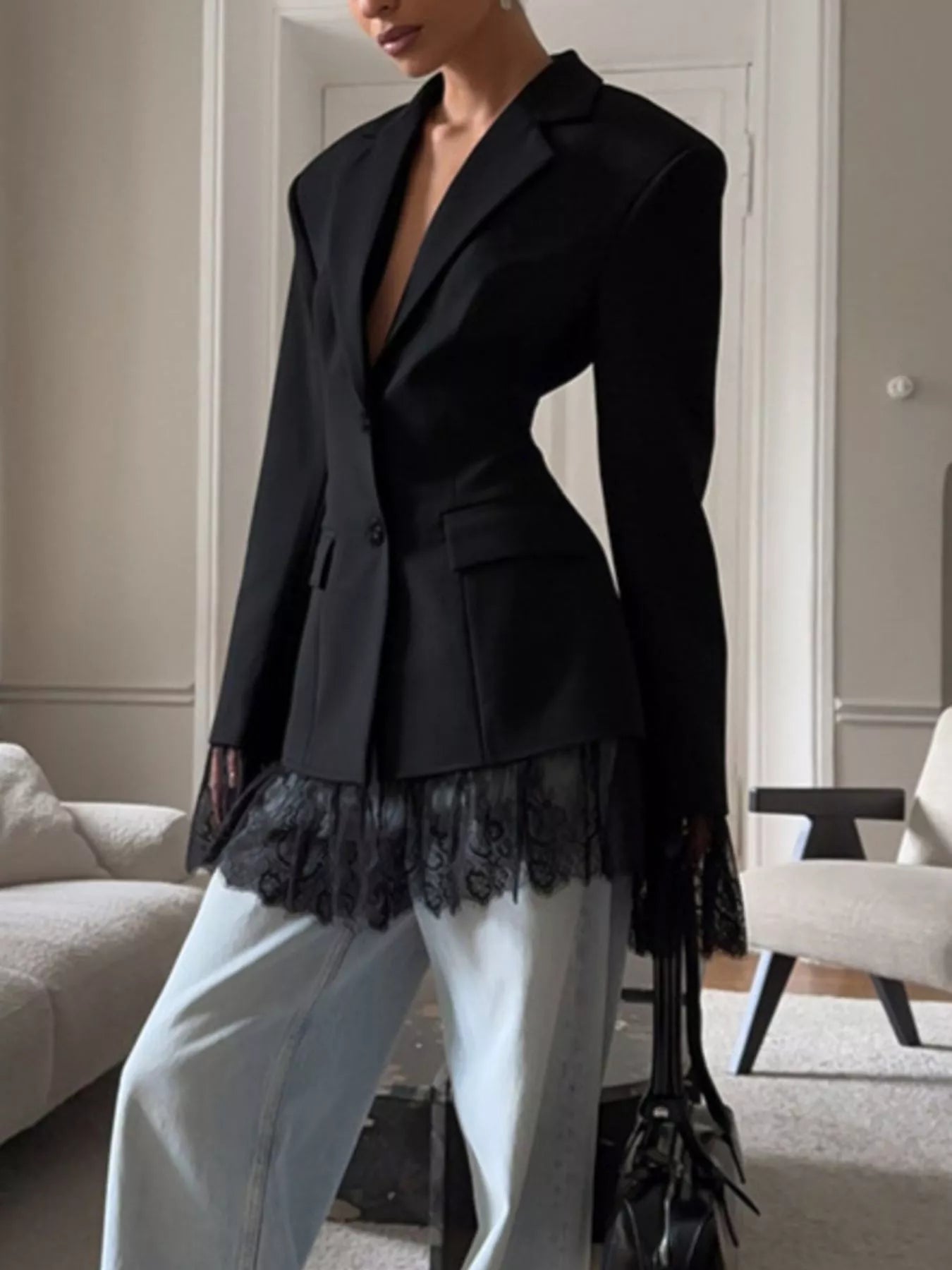 Trendsi Lace Hem Lapel Collar Blazer -