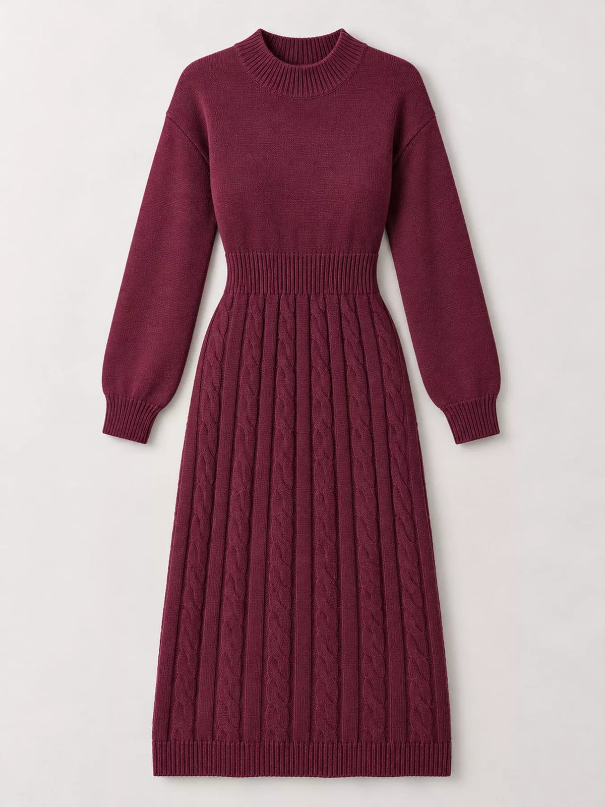 Women's Mock Neck Cable Knit Sweater Dress with Front Slit in burgundy — flat lay view