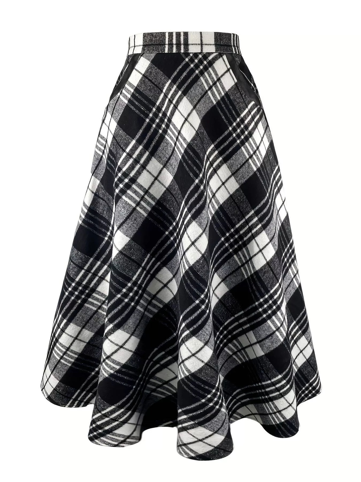 Black and white plaid A-line midi skirt, front view