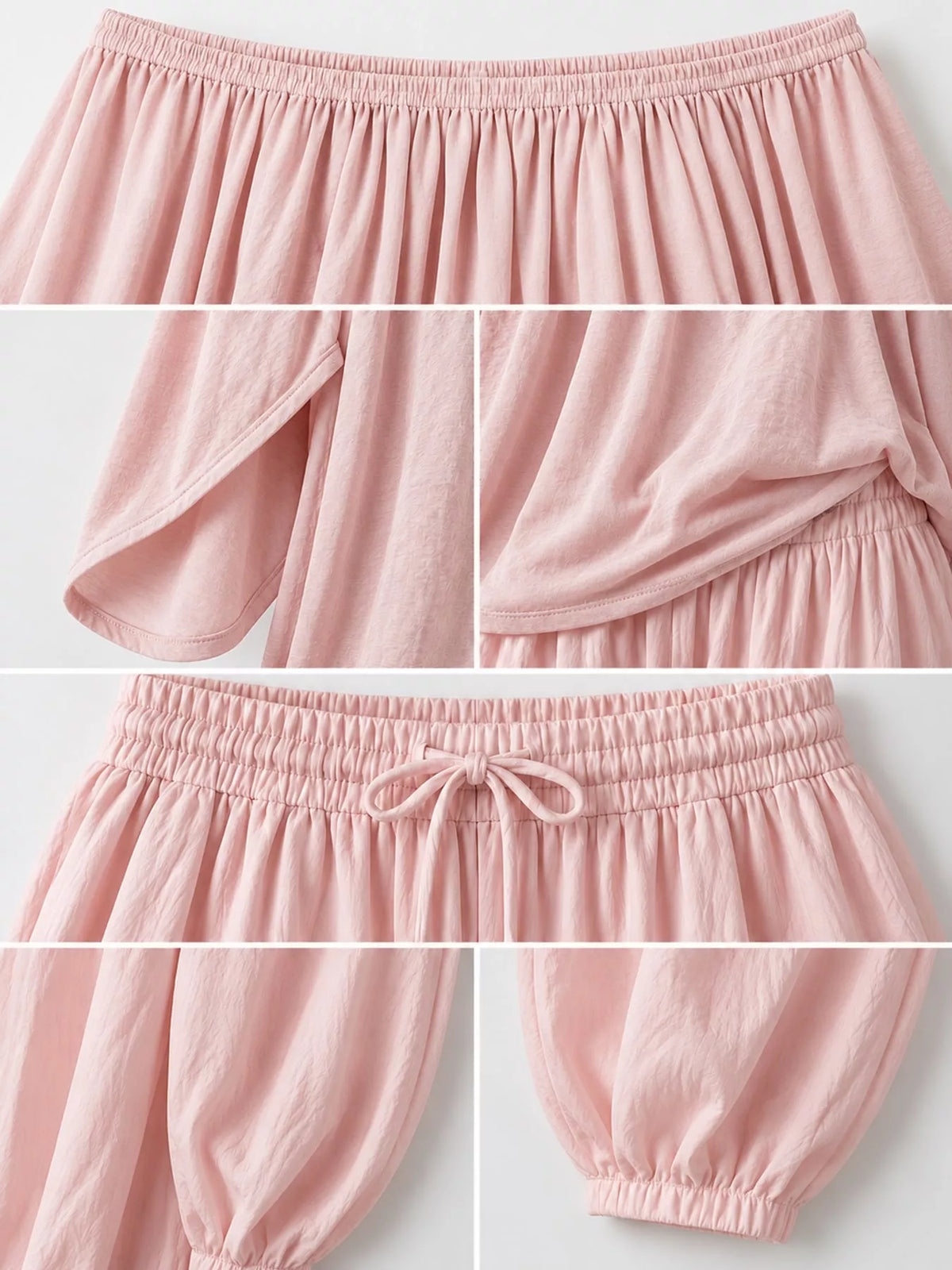 Pink off-shoulder top and wide-leg harem pants set — design and construction details
