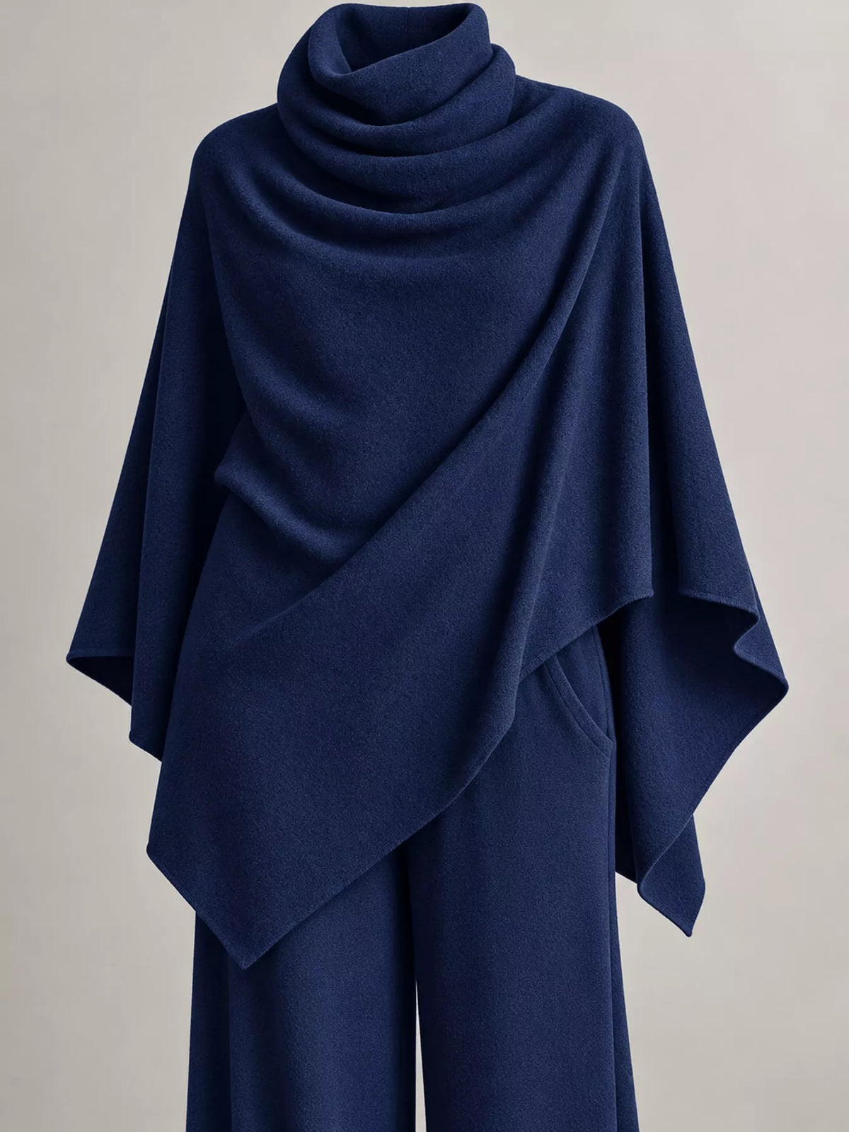 Poncho and pants set, navy draped neckline detail