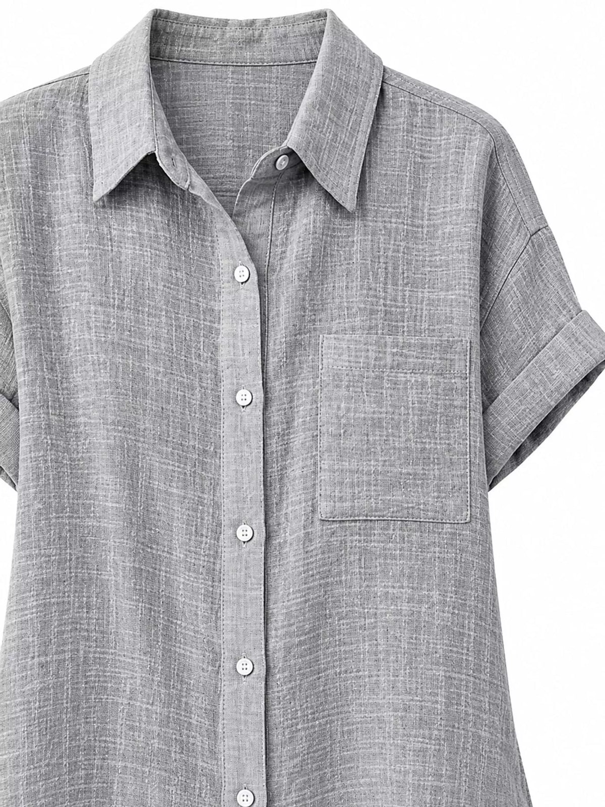 Women's Button Up Short Sleeve Shirt in gray — collar detail view