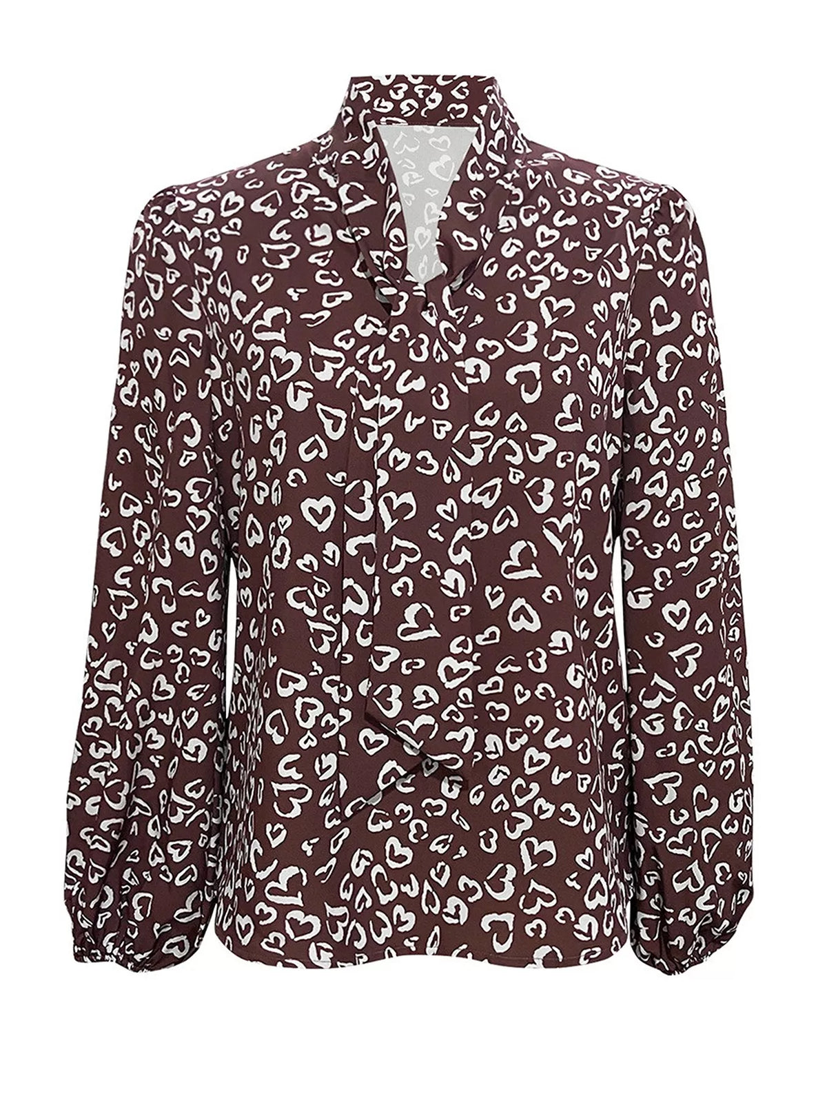Women's Printed Bow-Tie Neck Long Sleeve Blouse in Burgundy, full-length view
