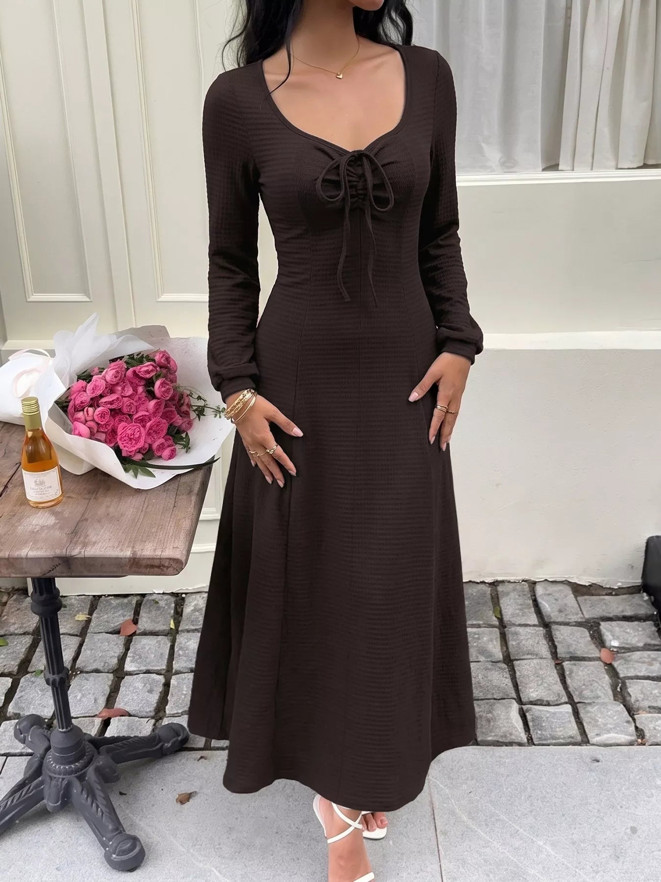 Trendsi Long Sleeve Tie-Front Maxi Dress -
