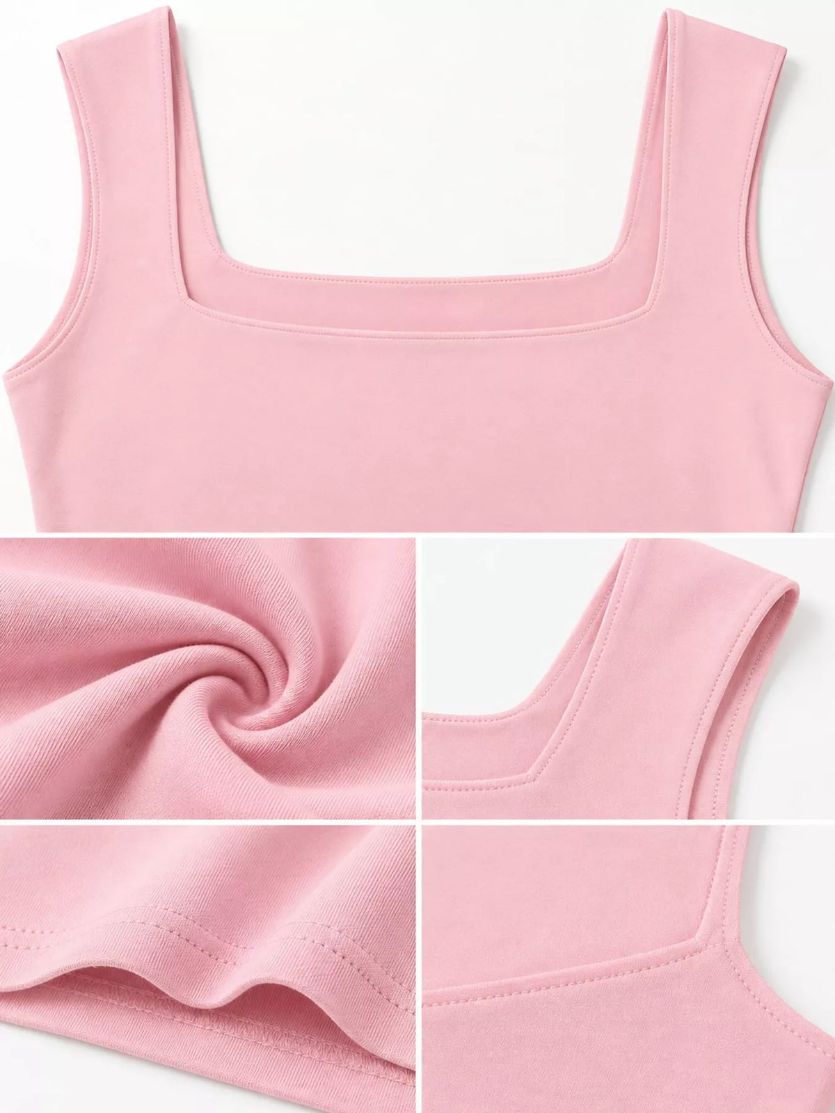 Pink square-neck tank, fabric and neckline detail collage