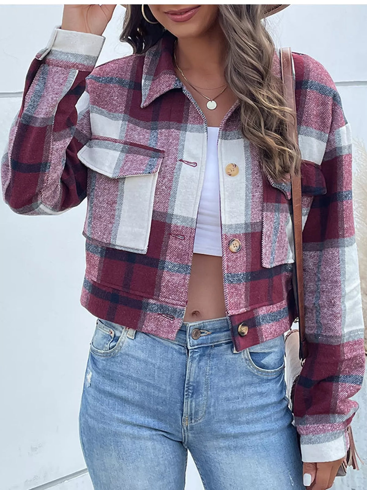 Plaid cropped jacket, burgundy plaid open front