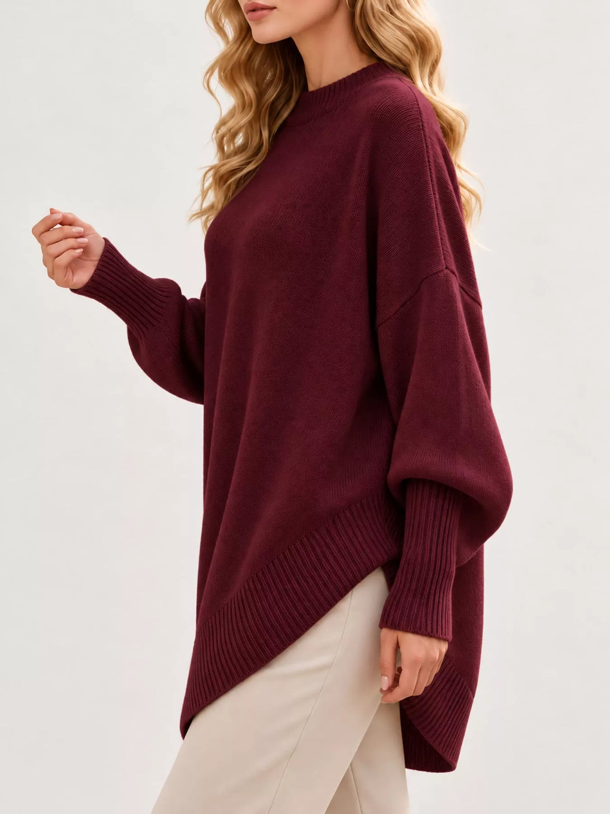 Ribbed Knit Dropped Shoulder Sweater in burgundy