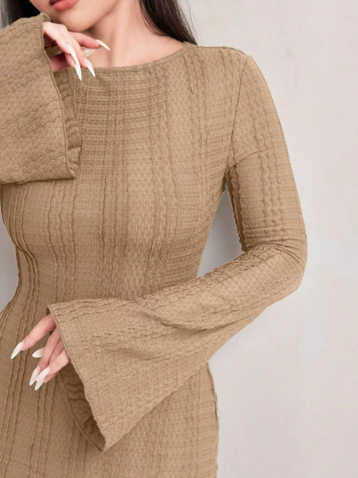 Textured Flare Sleeve Bodycon Maxi Dress, detail view in camel