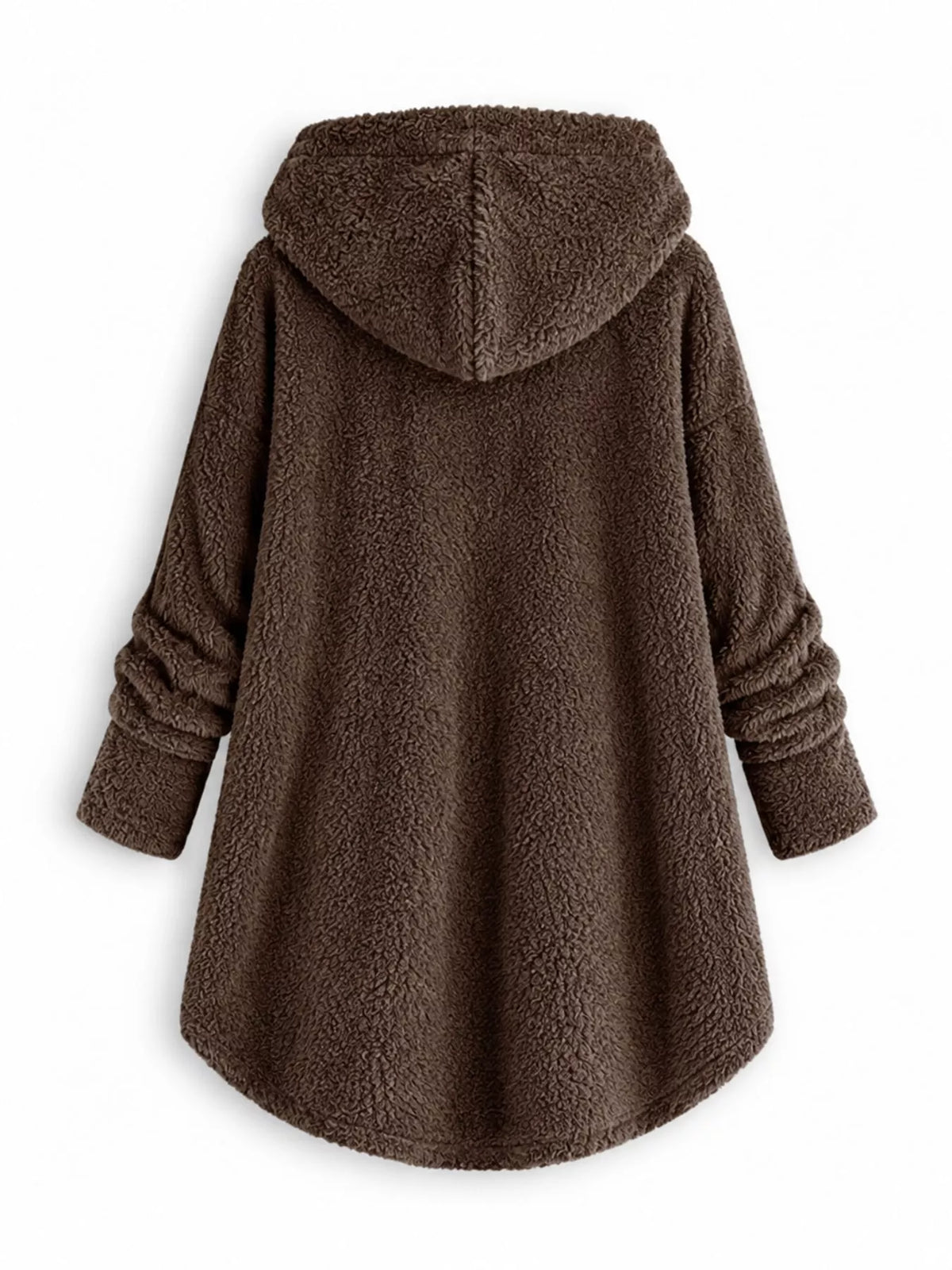 Brown fleece button-up hooded jacket with curved high-low hem, back view
