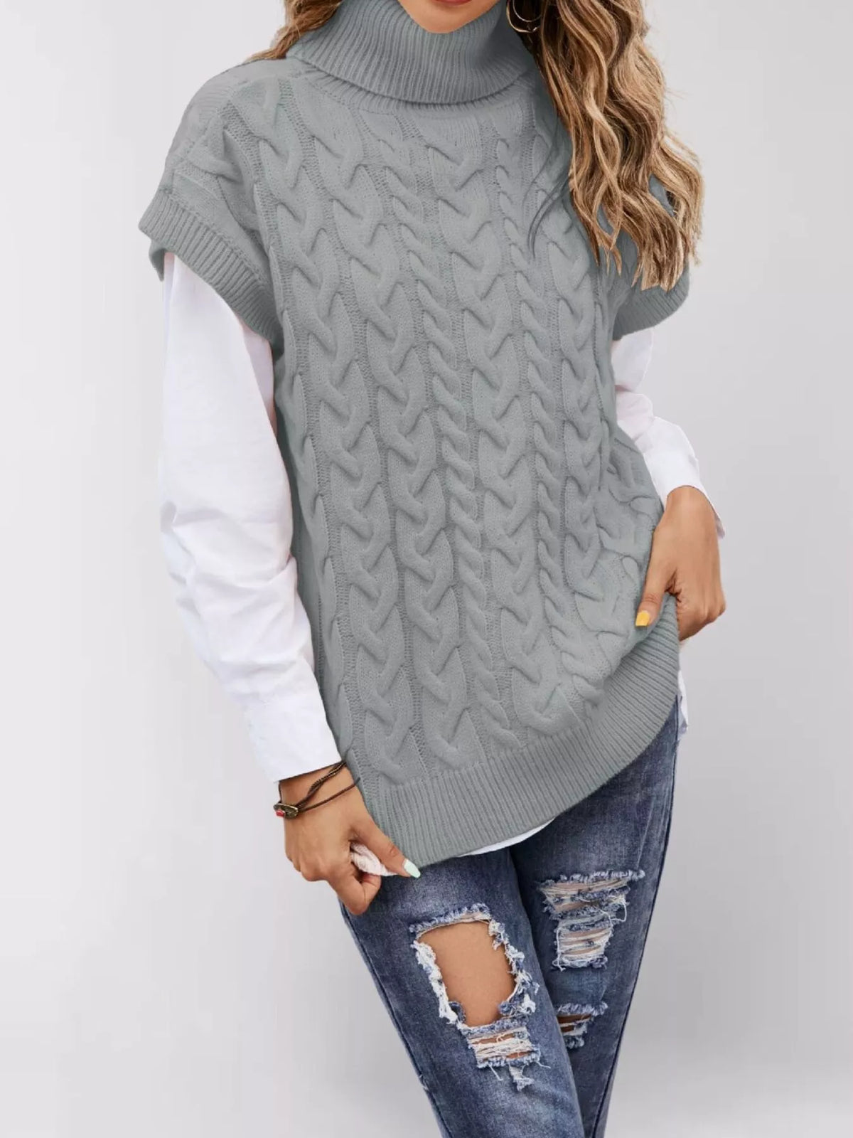 Trendsi Chunky Knit Turtleneck Cap Sleeve Sweater -