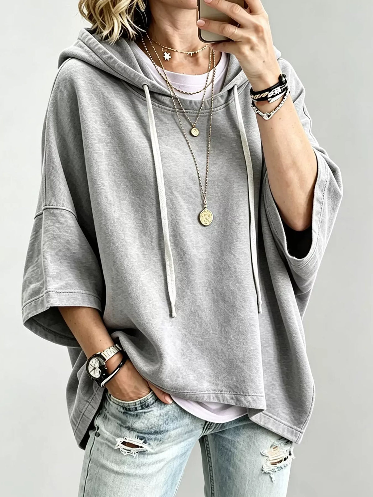 Trendsi Drawstring 3/4 Sleeve Hoodie -