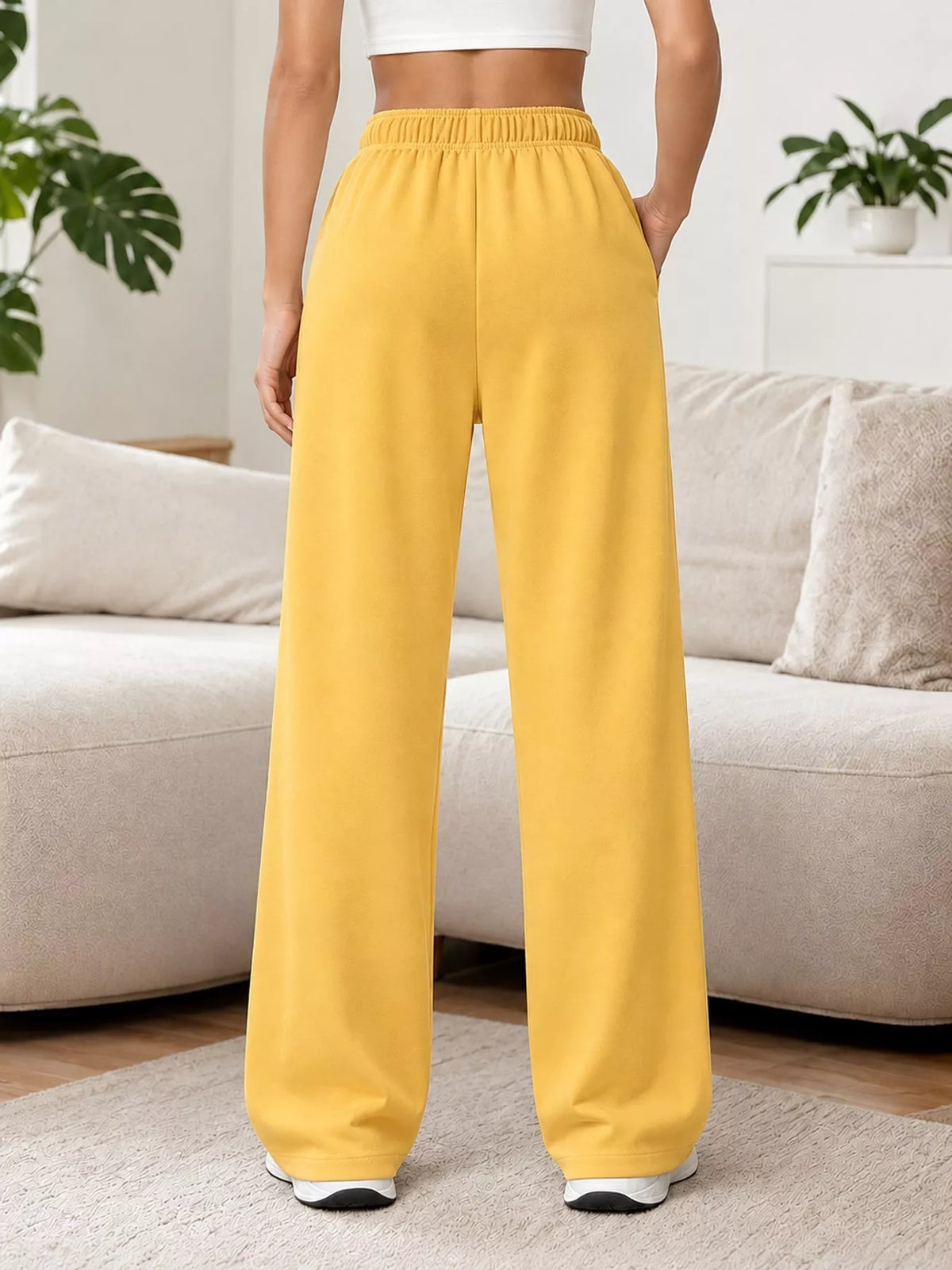 Yellow wide-leg pants with drawstring