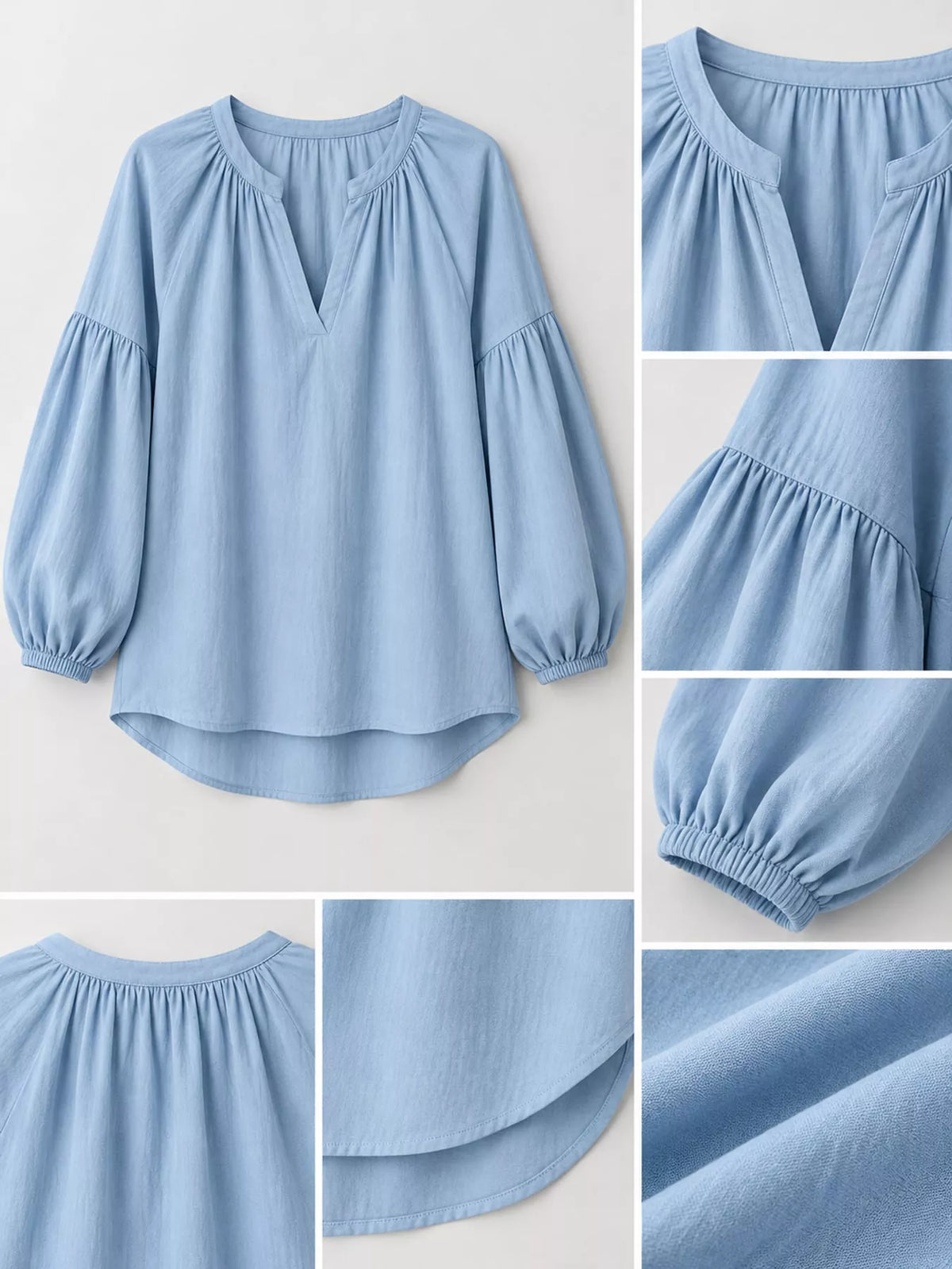 Notched Balloon Sleeve Blouse in light blue, construction detail