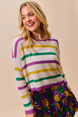 Trendsi SO ME Mardi Gras Color Stripe Lightweight Sweater Top -