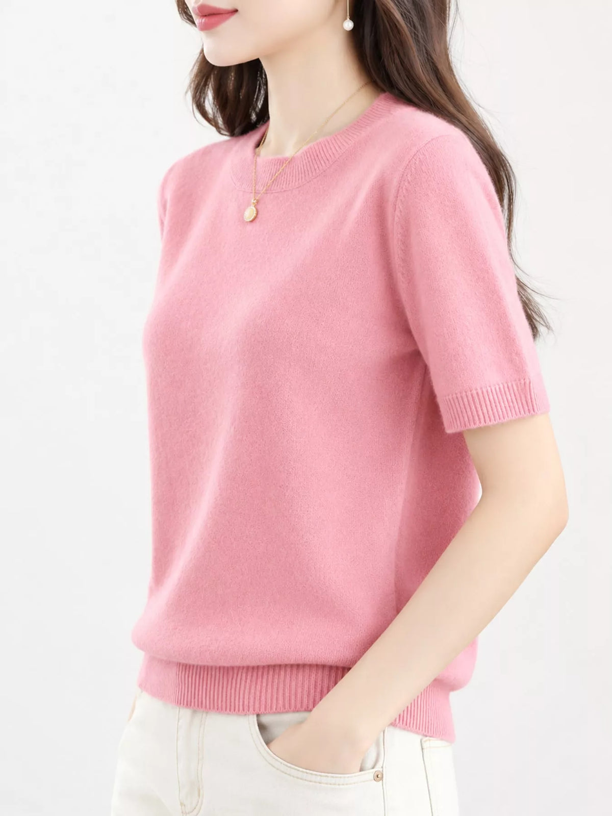 Pink round neck short-sleeve sweater
