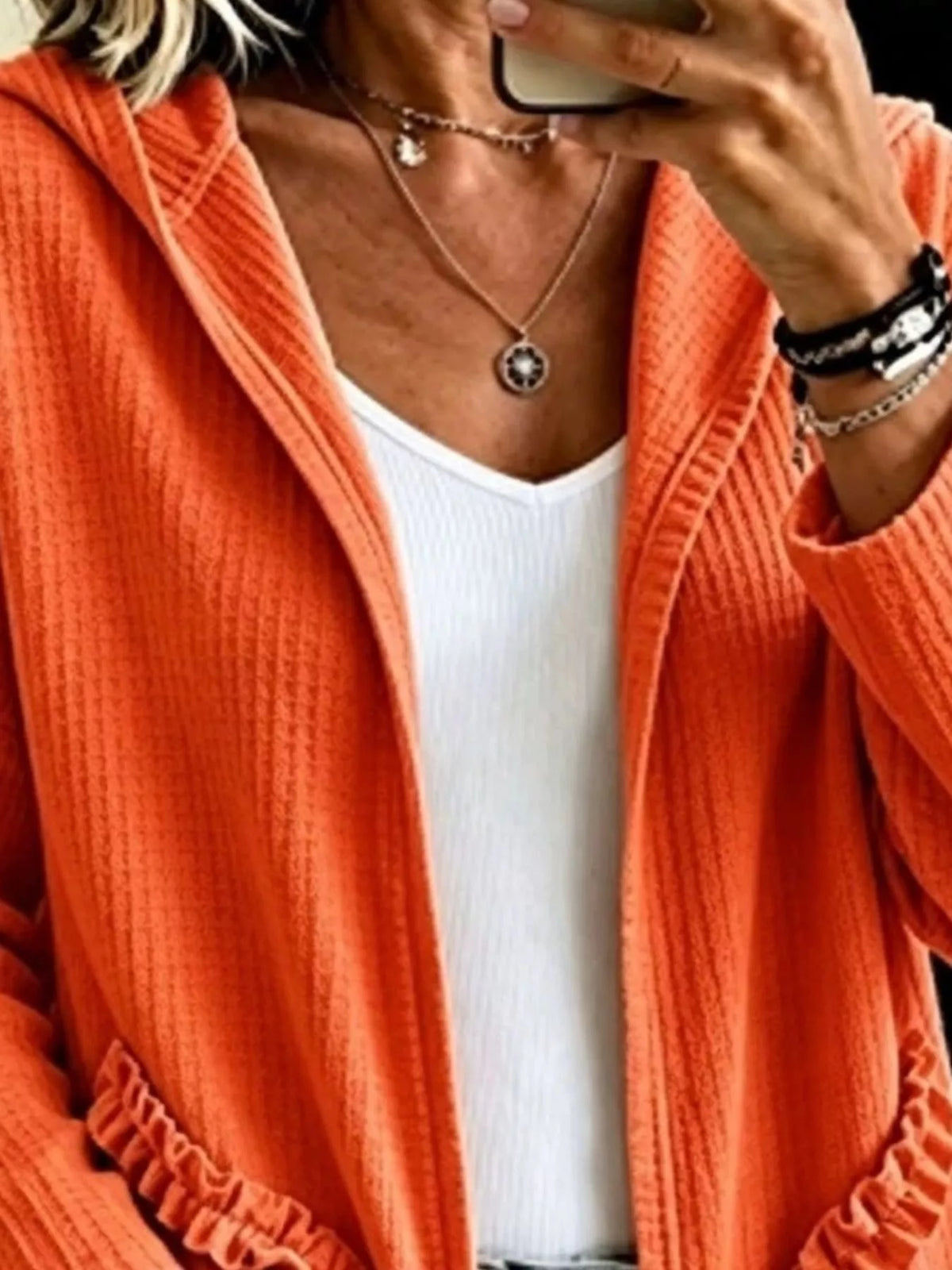 Ruffle Hem Zip-Up Hooded Jacket — construction details
