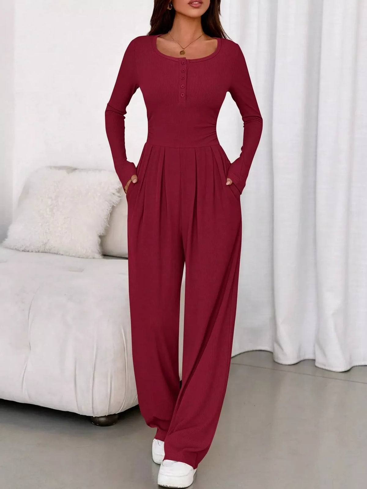 Long Sleeve Ribbed Knit Wide-Leg Jumpsuit — front view