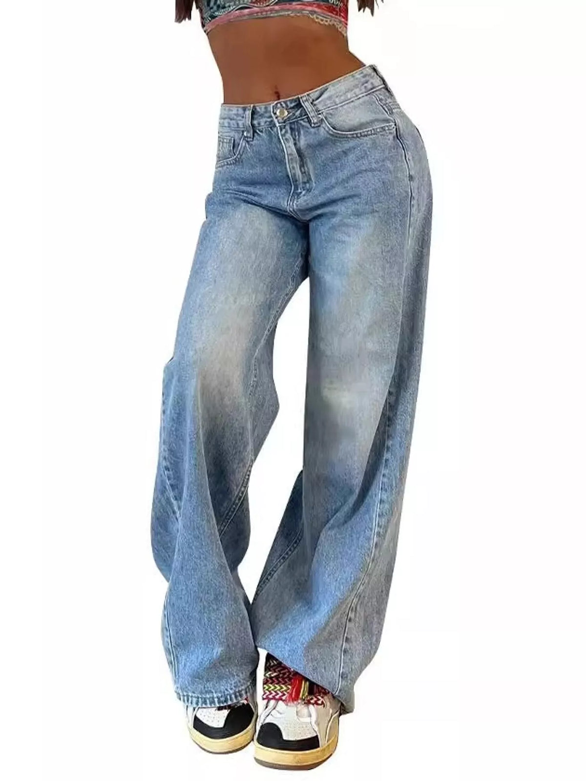 Vintage Wash Low-Rise Wide-Leg Jeans — front view