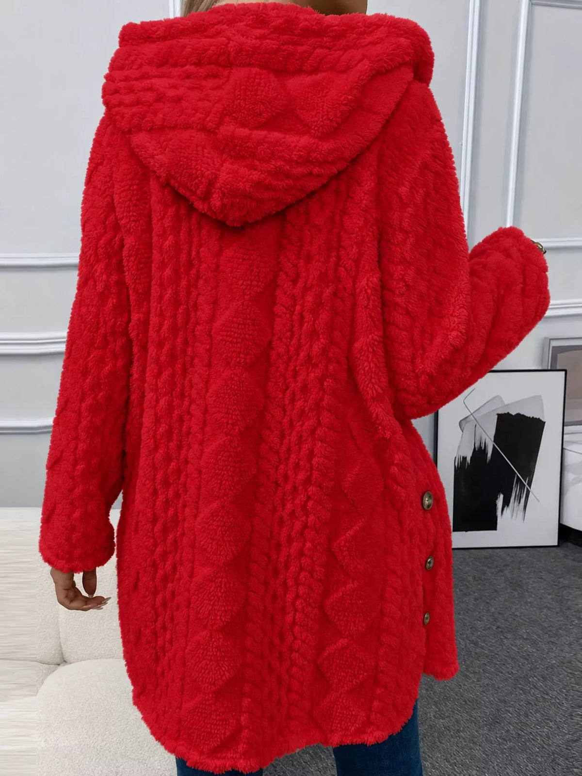 Red cable knit faux fur hooded jacket, back view