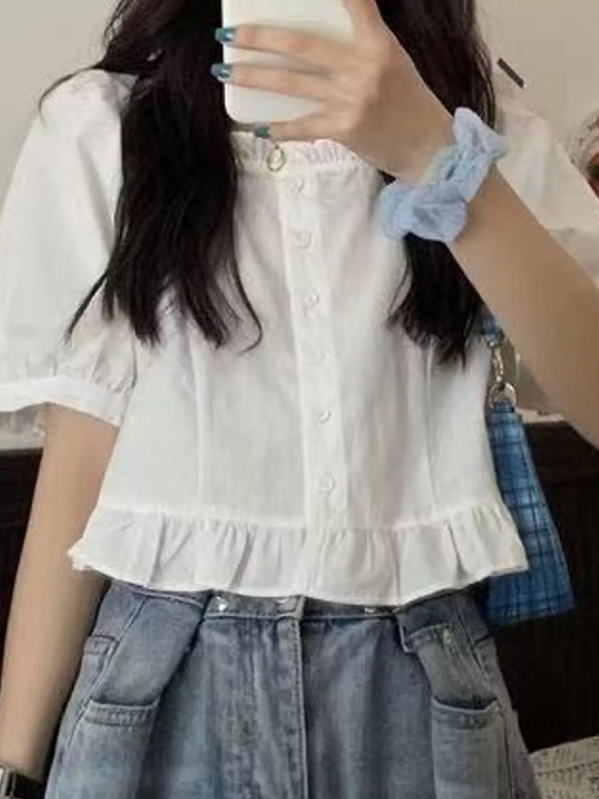 Ruffled Hem Button-Down Shirt — front view