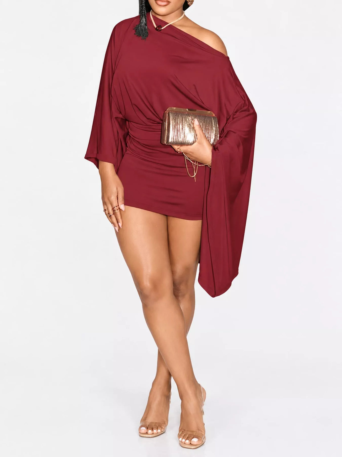 Women's One-Shoulder Draped Bodycon Mini Dress in red — front view
