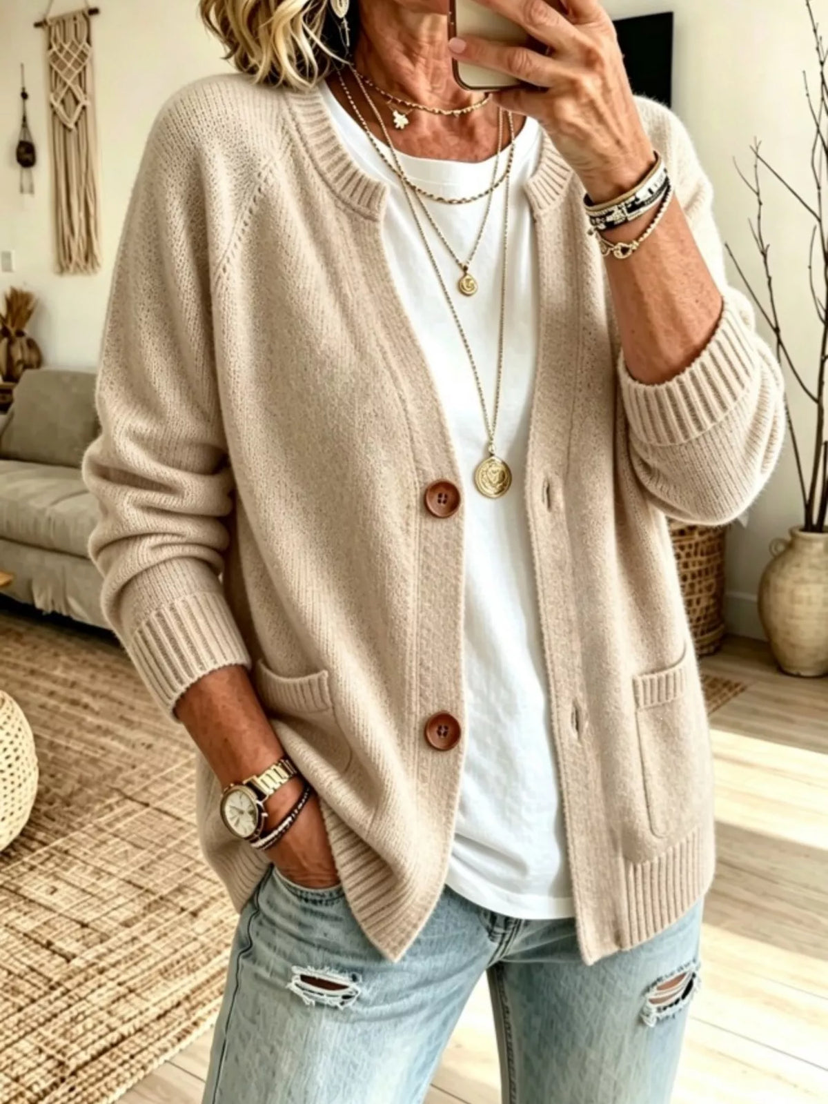 Women's Button Up Raglan Sleeve Cardigan in Khaki, front view