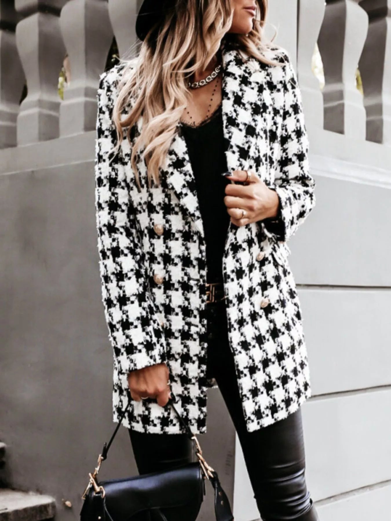 Trendsi Plaid Tweed Double-Breasted Coat -