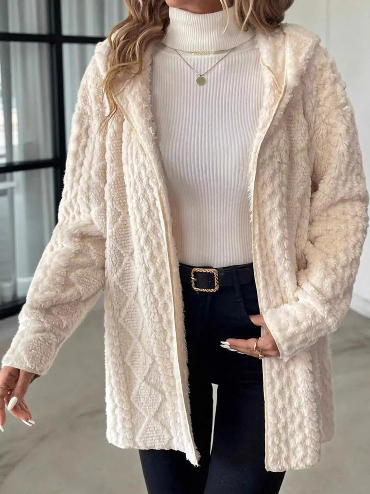 Cable Knit Zip-Up Hooded Cardigan in cream