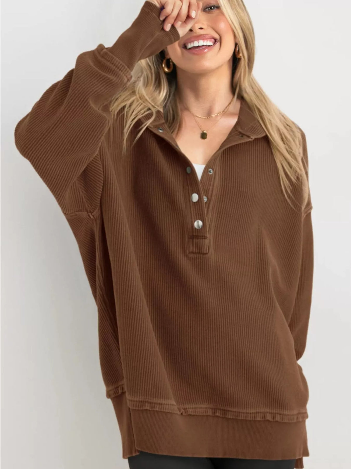 Women's Snap Button Placket Dropped Shoulder Hoodie in brown — front view