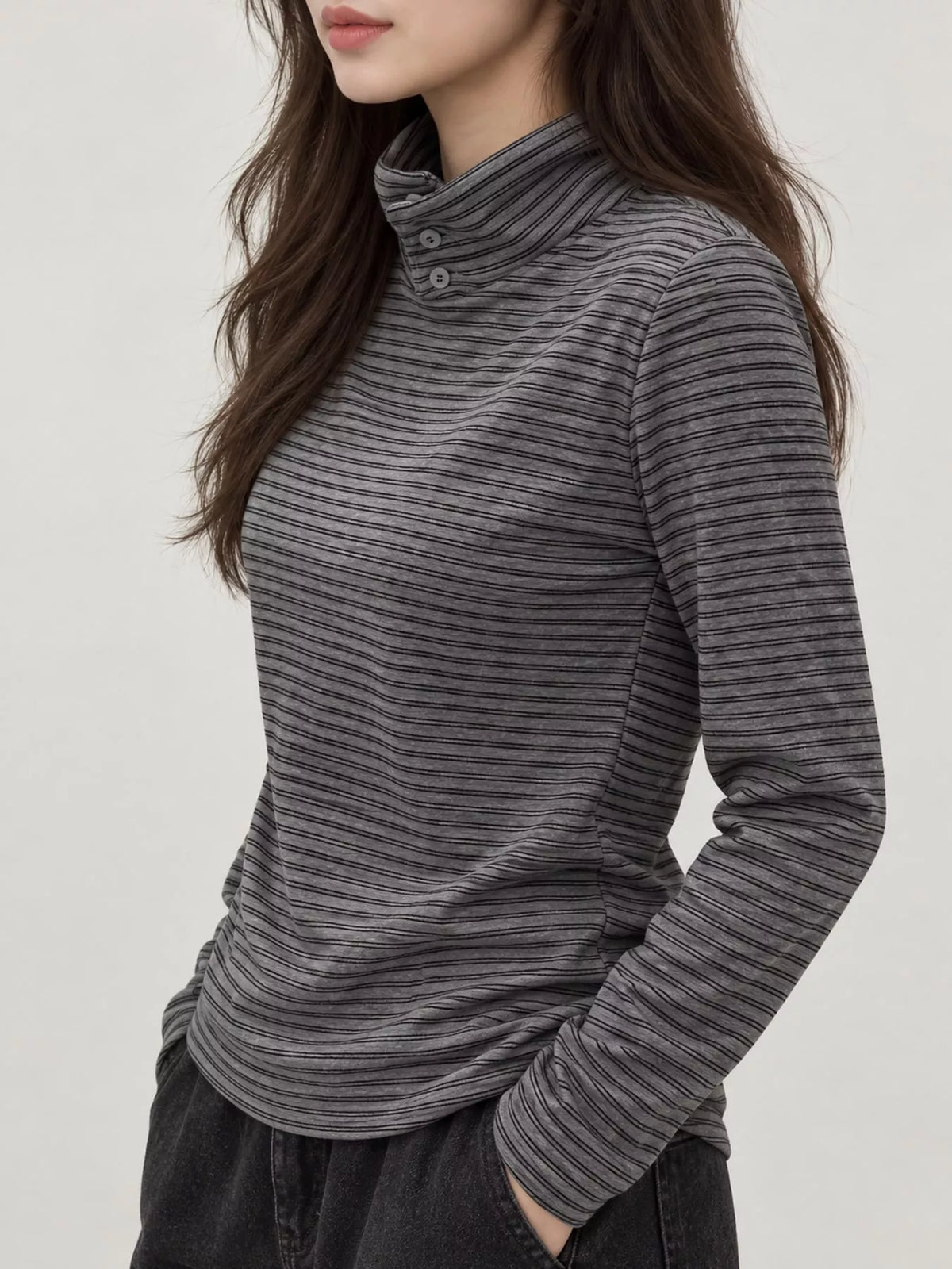 Dark Gray striped mock neck button-detail long sleeve t-shirt