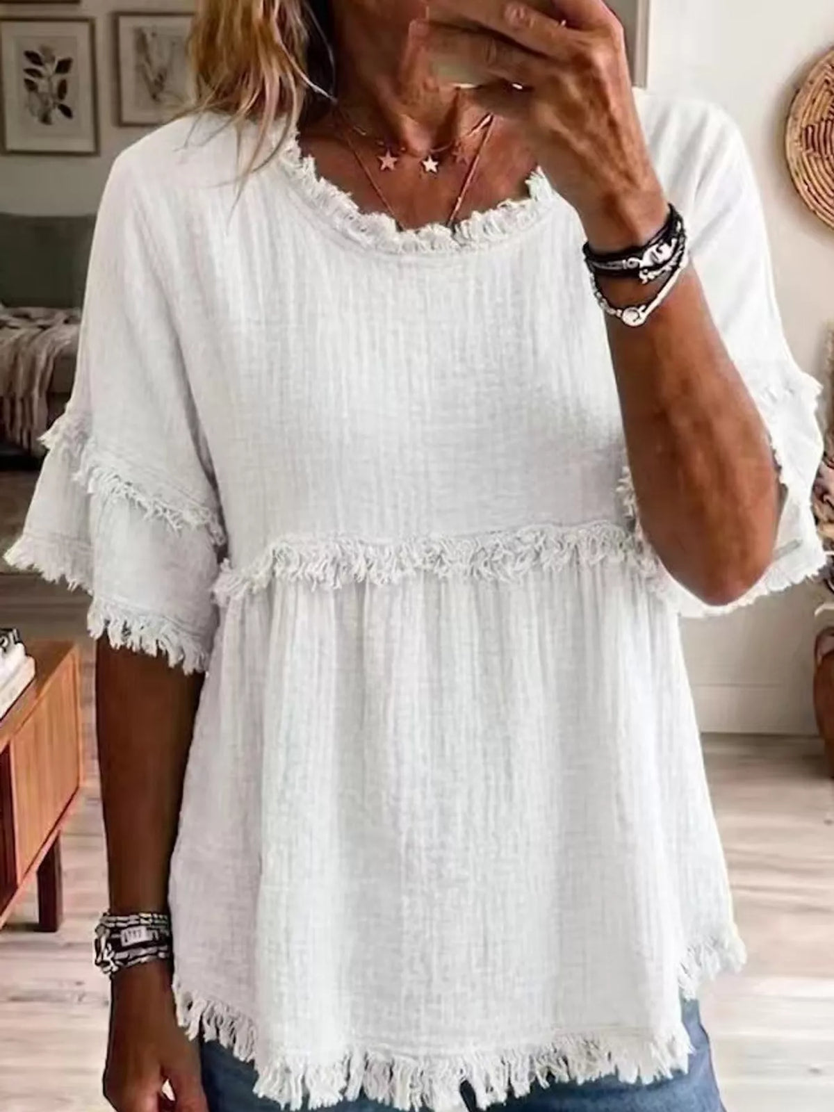 White frayed edge textured blouse