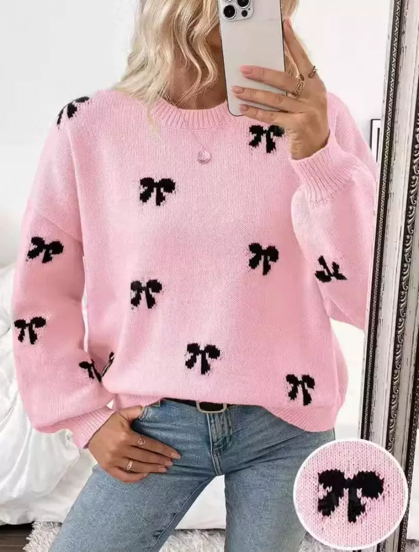 Trendsi Bow Round Neck Dropped Shoulder Sweater -