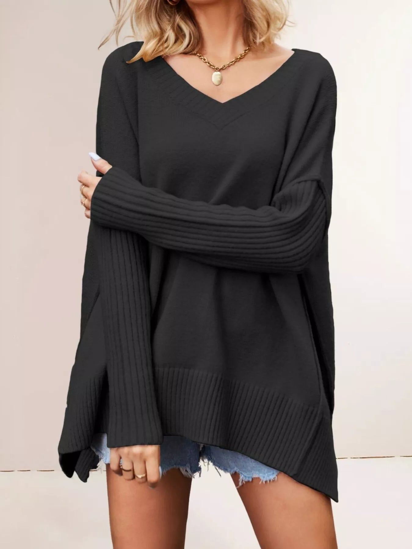 Trendsi V-Neck Ribbed Sleeve Sweater -