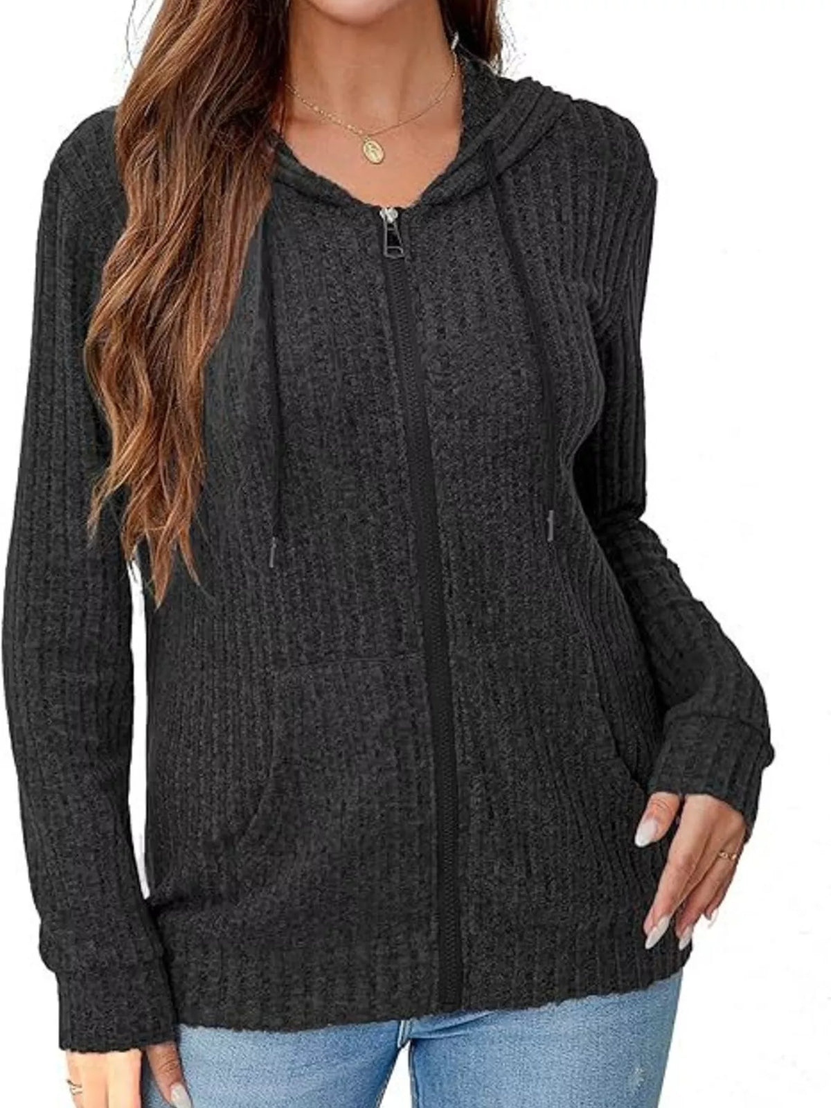 Charcoal ribbed knit zip-up hooded cardigan