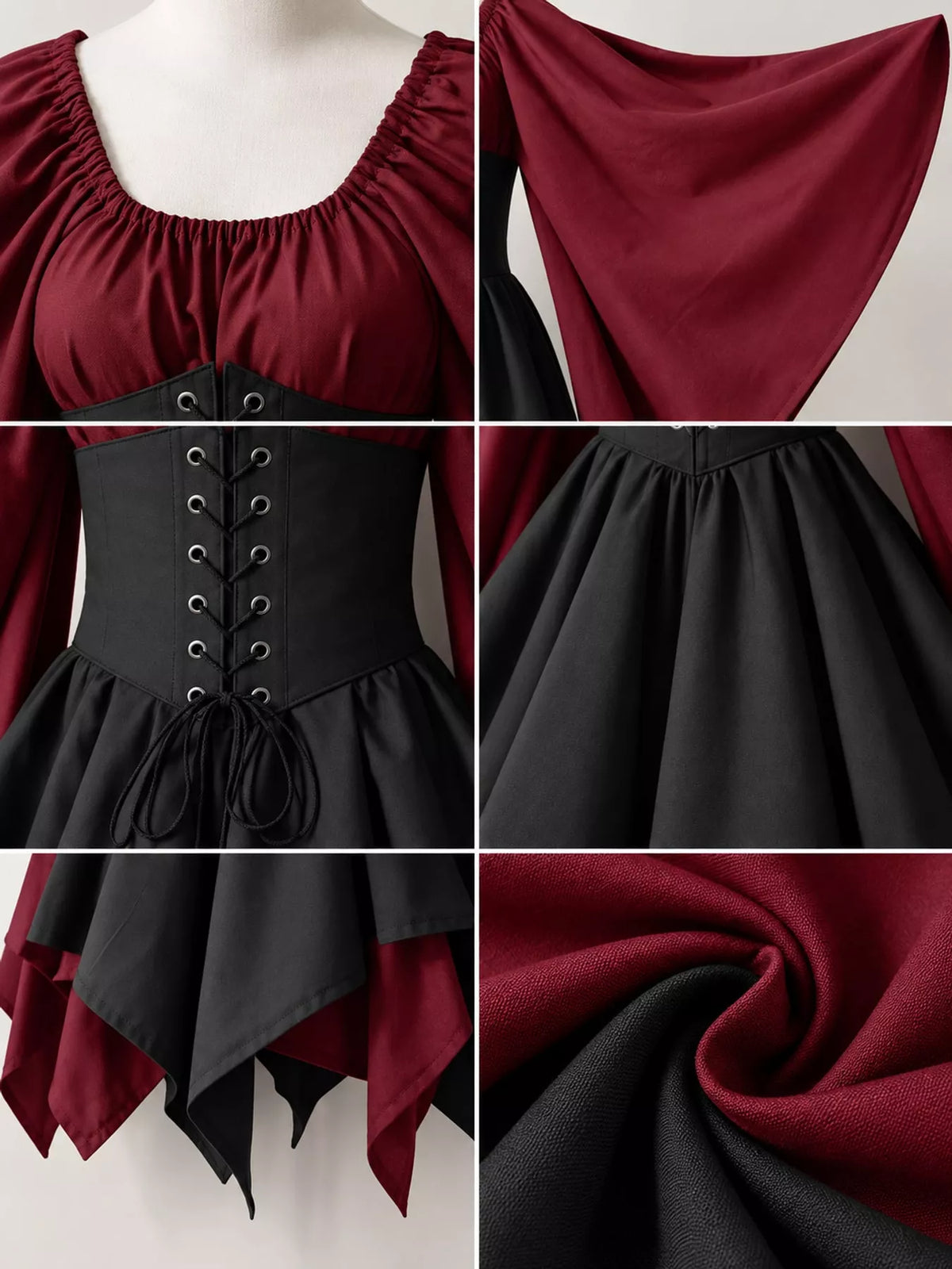 Lace-up asymmetric dress, burgundy black lace up bodice detail