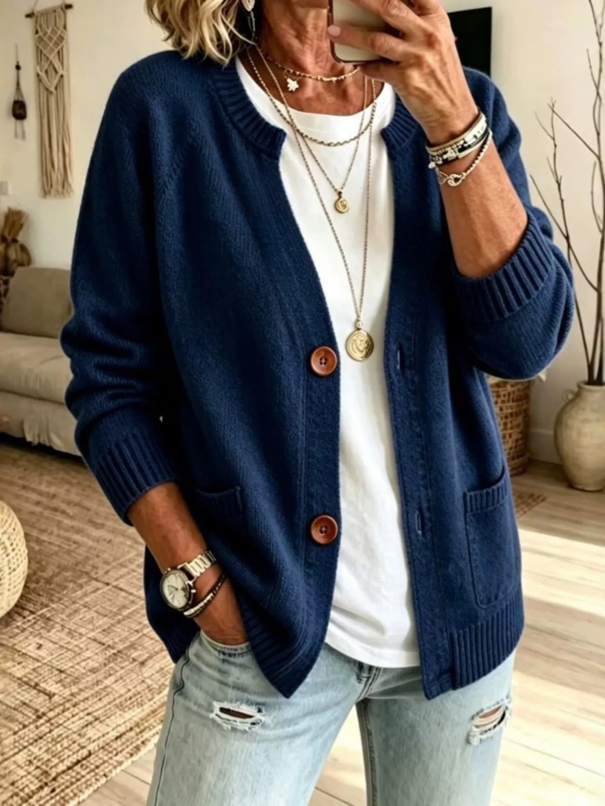 Women's Button Up Raglan Sleeve Cardigan in Navy, front view