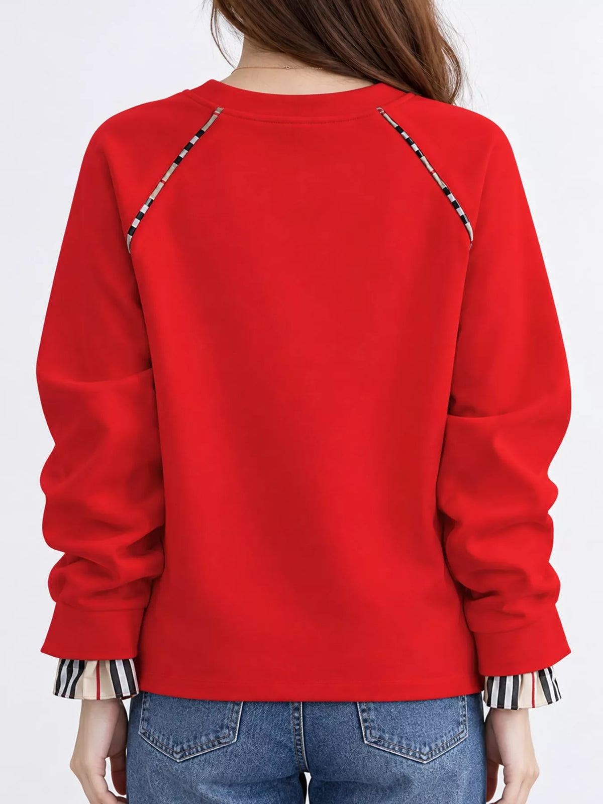 Plaid-trim sweatshirt, red back