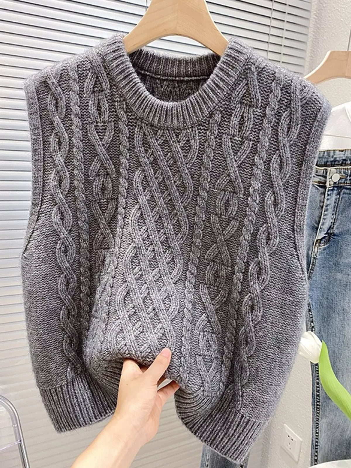 Gray cable-knit sweater vest