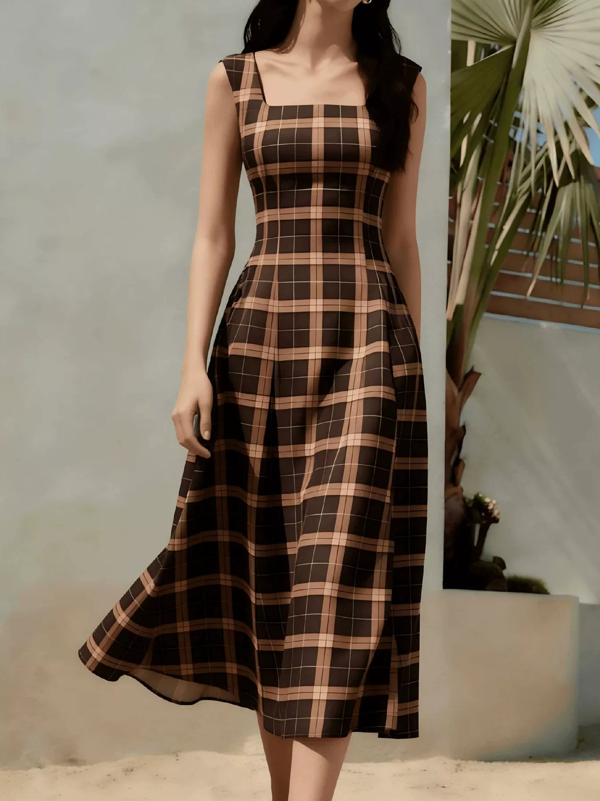 Square neck plaid midi dress