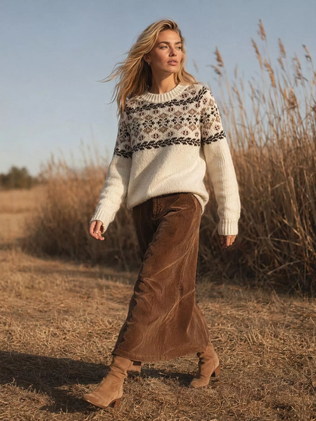 Cream fair isle round-neck sweater, full-length styled view.