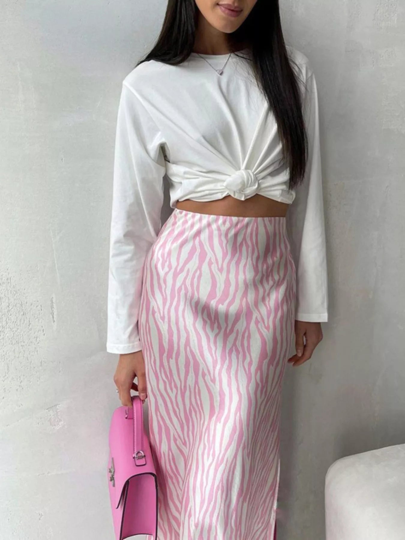 Trendsi Satin Zebra Print Midi Skirt -